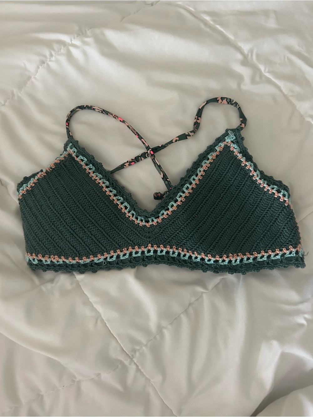 Crocheted Bikini top in Dark Teal with Pink & Mint Trim